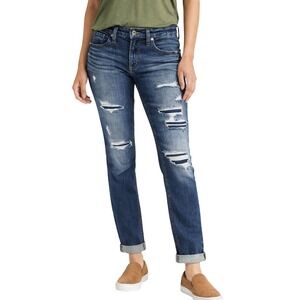 Silver Jeans Straight Leg Distressed Boyfriend Style Dark Blue Jeans Womens 29‎